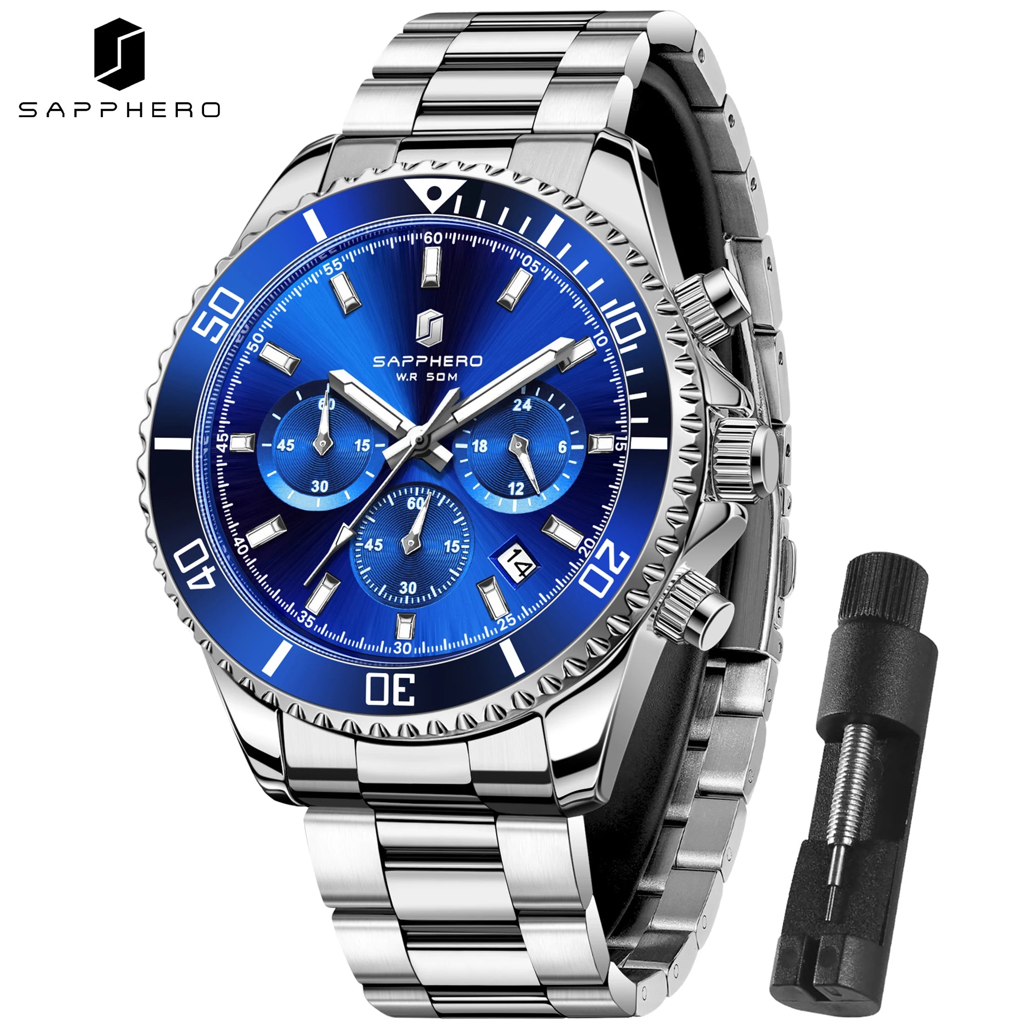 SAPPHERO Orologio Uomo Quarzo Cronografo Sport Acciaio Inossidabile Impermeabile 50M