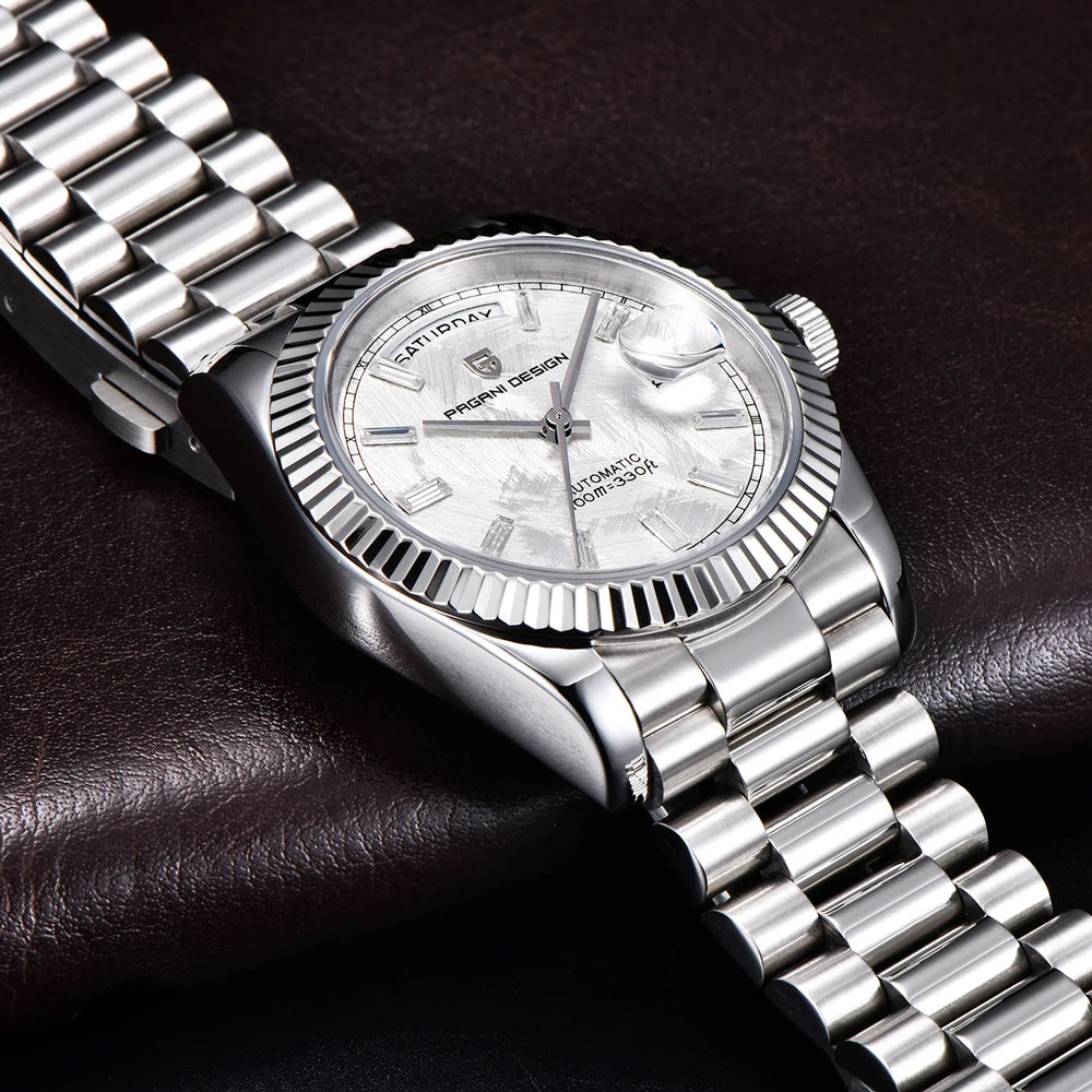 Luxuriöse PAGANI DESIGN D36 Herrenuhr, Automatik mit Meteoriten-Zifferblatt, mechanisches Armband, Saphirglas, wasserdicht, lokaler Versand