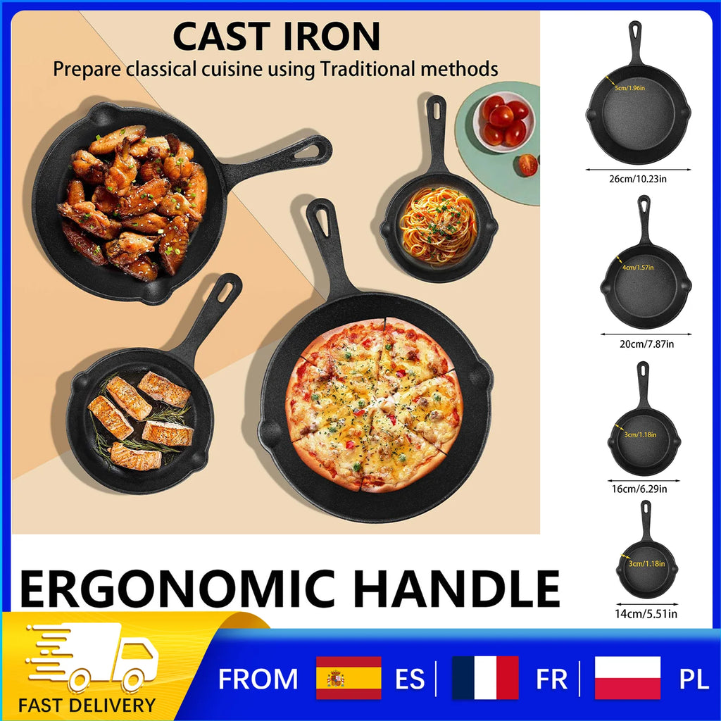 Set di 4 Padelle in Ghisa, Antiaderenti con Ritenzione del Calore, per Arrostire, Cuocere e Friggere, Lavabili in Lavastoviglie per Cucina Domestica e All'aperto