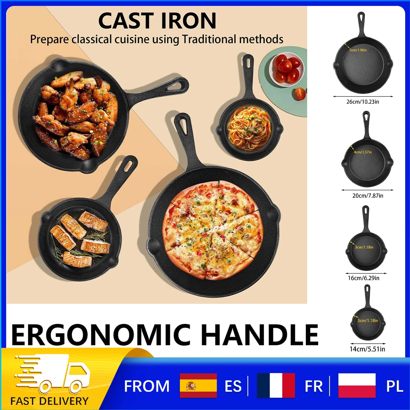 Set di 4 Padelle in Ghisa, Antiaderenti con Ritenzione del Calore, per Arrostire, Cuocere e Friggere, Lavabili in Lavastoviglie per Cucina Domestica e All'aperto