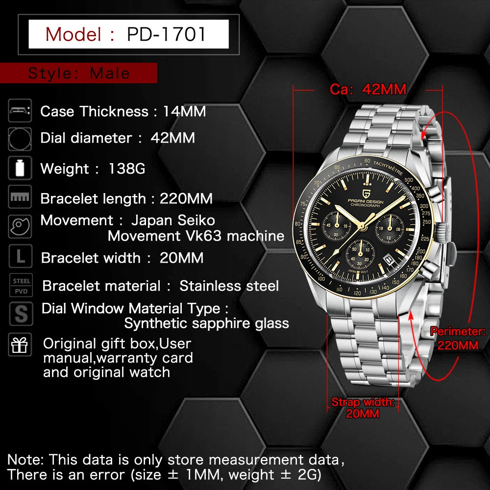 PAGANI DESIGN Moon ST6 Orologio da Uomo al Quarzo con Cronografo, Cassa in Acciaio Inossidabile, Vetro Zaffiro, Modello PD1701