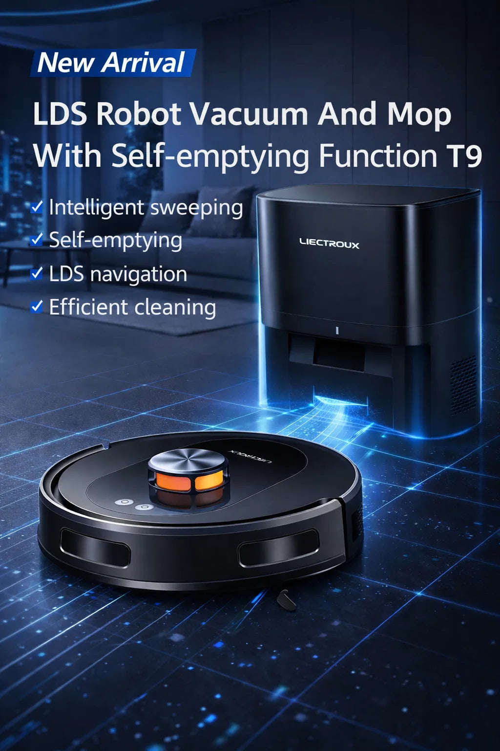 Liectroux T9 Saug- und Wischroboter mit LDS-Navigation, 6500Pa starker Saugkraft, Selbstentleerungsstation, Mehrfachkarten, Teppich-Boost, Anti-Verwicklungsbürsten, 2,4/5GHz WLAN