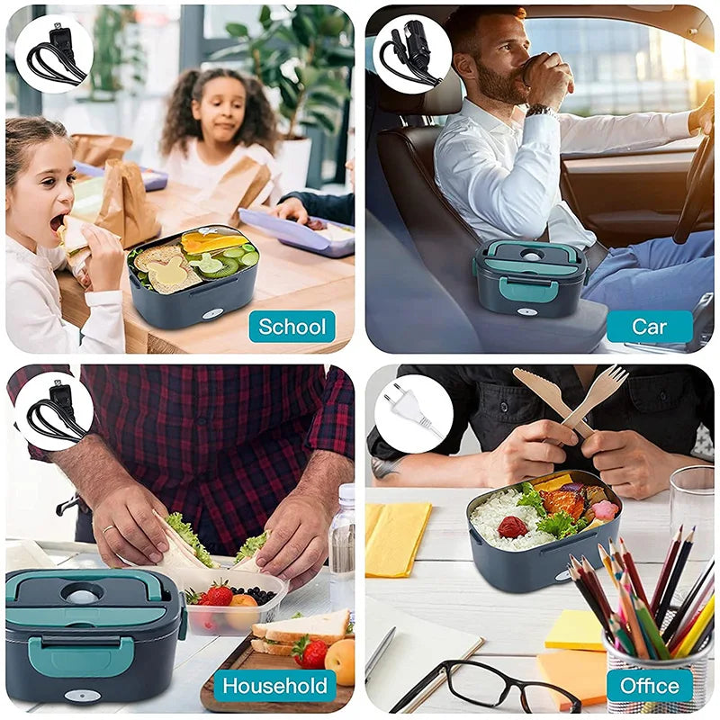 Auslaufsichere 2-in-1 elektrische Lunchbox, tragbar, 1,5 L/2 Speisenwärmer für unterwegs, mikrowellengeeignet, mit Edelstahlbehälter.