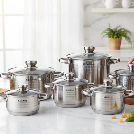 Set di Pentole Klönberg | Set di Pentole per Cucina a Induzione da 12 Pezzi | Acciaio Inossidabile | Coperchi in Vetro Temperato | Maniglie Comode | Varie Misure | Resistente ai graffi | Lavorazione di alta qualità