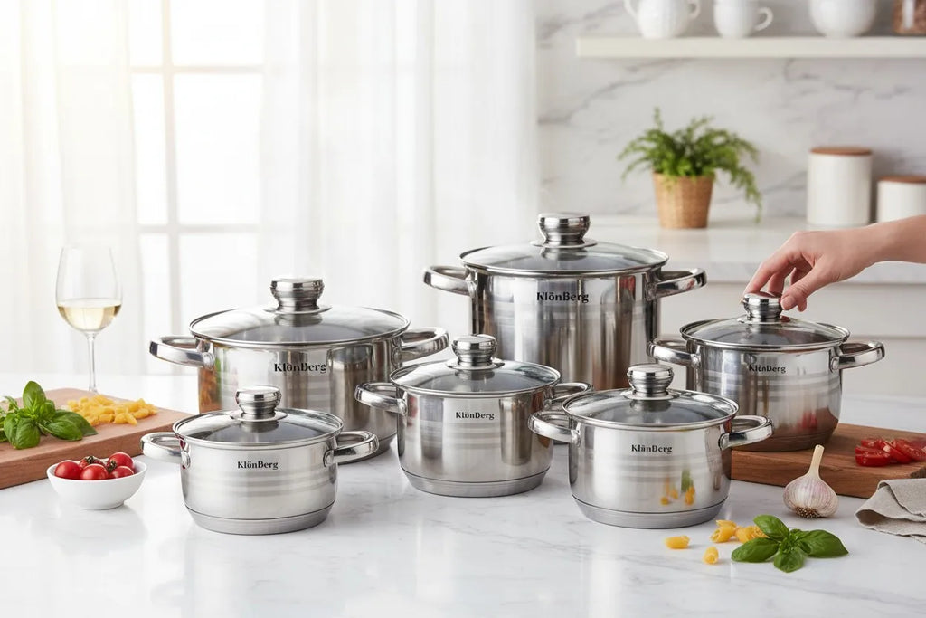 Klönberg Topfset | 12-teiliges Induktions-Kochgeschirr-Set | Edelstahl | Deckel aus gehärtetem Glas | Komfortable Griffe | Verschiedene Größen | Kratzfest | Verarbeitung aus Al