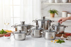 Klönberg Topfset | 12-teiliges Induktions-Kochgeschirr-Set | Edelstahl | Deckel aus gehärtetem Glas | Komfortable Griffe | Verschiedene Größen | Kratzfest | Verarbeitung aus Al