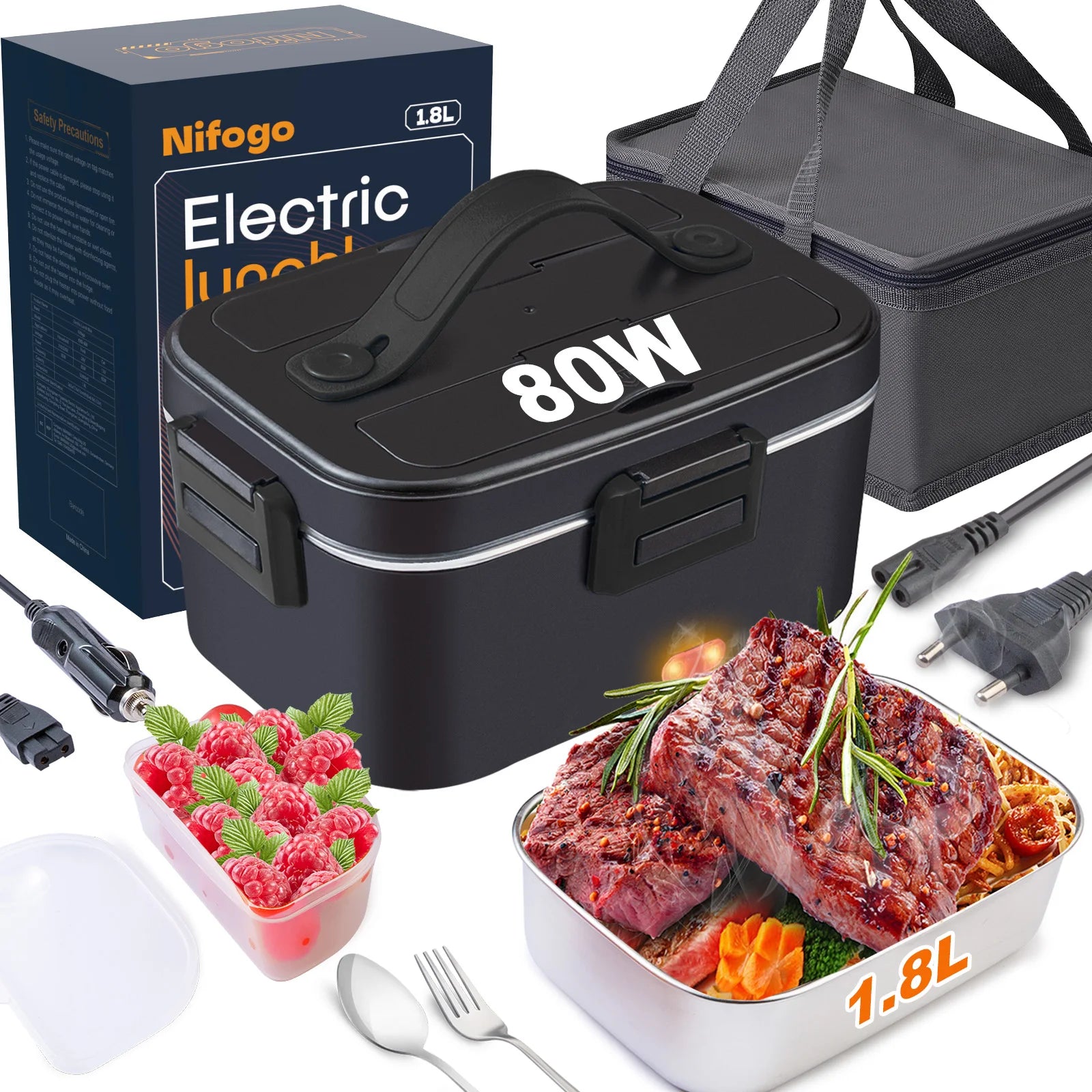Elektrische Brotdose 80W 1,8L, tragbare, herausnehmbare Edelstahl-Brotdose 12V/24V/230V Auto/LKW/Büro mit Isoliertasche