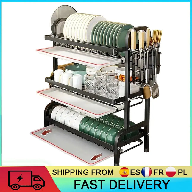 Large 3-Tier Dish Drying Rack, Kitchen Dish Organizer with Drip Tray and Cutting Board Holder for Countertop