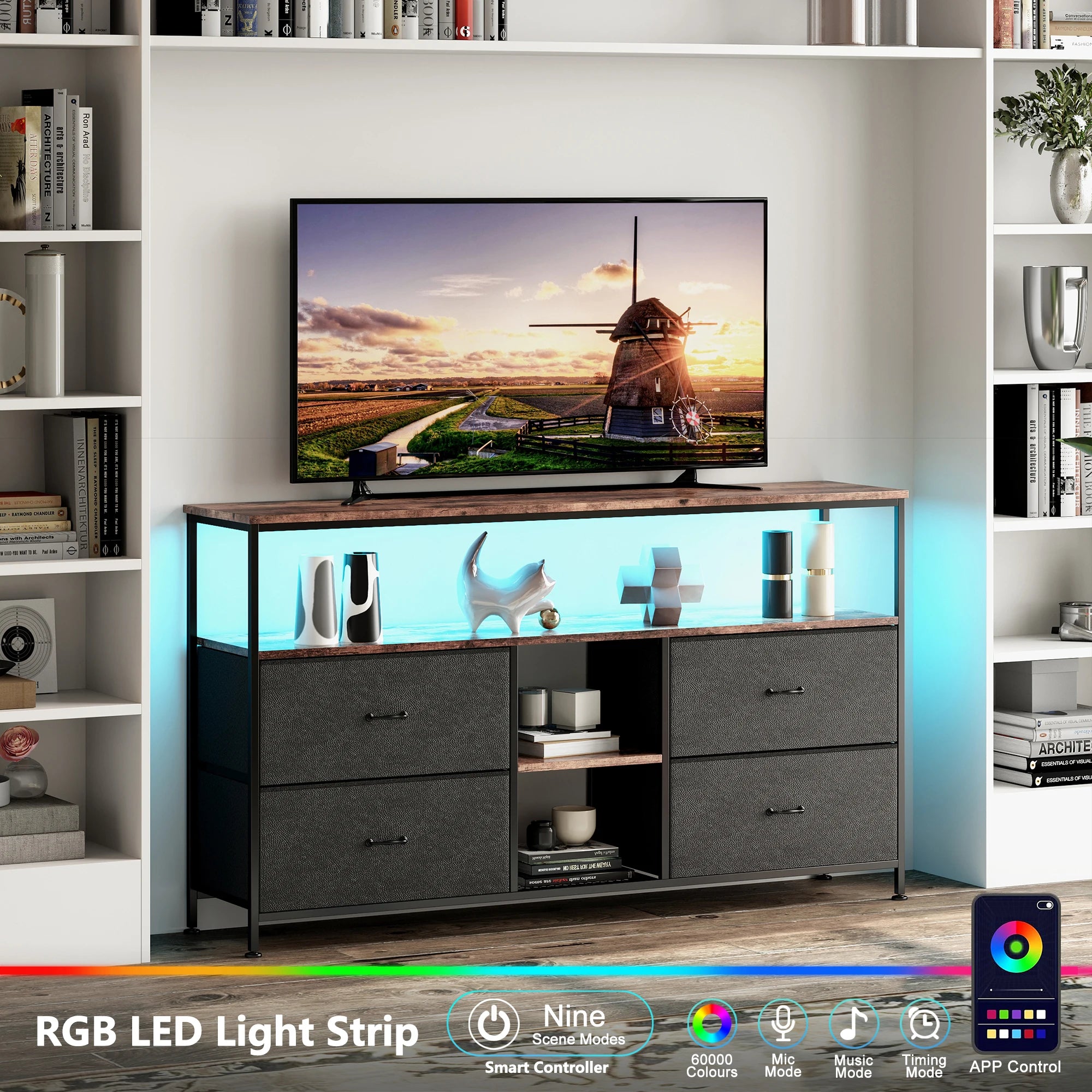 Anajqaqia Moderner TV-Ständer mit 4 Schubladen, Aufbewahrungsschrank mit LED-Beleuchtung, Metallrahmen, geeignet für Wohnzimmer und Schlafzimmer, 137 x 30 x 78 cm