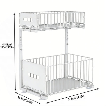 2-Tier Pull-Out Organizer with Sliding Basket, Adjustable Height, Under-Sink Shelf for Kitchen, Spice Rack