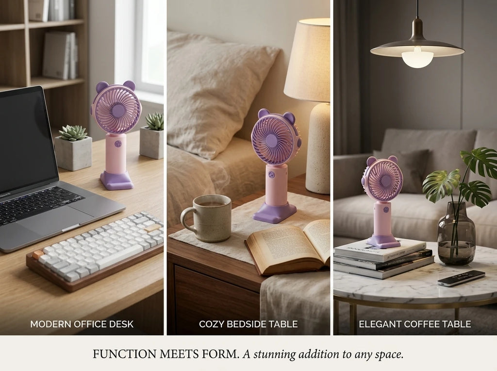 Ventilatore da scrivania mini con orecchie da orsetto, supporto per cellulare integrato, ricarica USB, silenzioso. ideale per scrivania e per guardare serie TV/film.