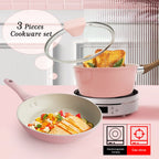 Set di pentole da cucina per la casa, set di pentole e padelle antiaderenti, padella per bistecche di uova carine, padella con coperchio per tutti i piani cottura, 3 pezzi, rosa