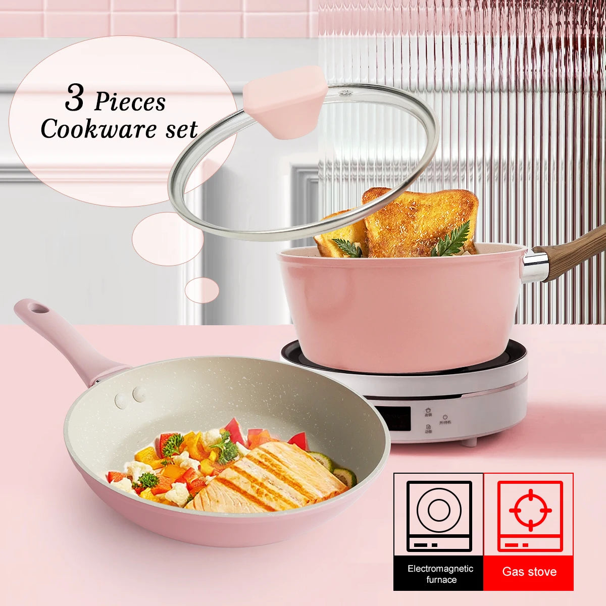 Set di pentole da cucina per la casa, set di pentole e padelle antiaderenti, padella per bistecche di uova carine, padella con coperchio per tutti i piani cottura, 3 pezzi, rosa