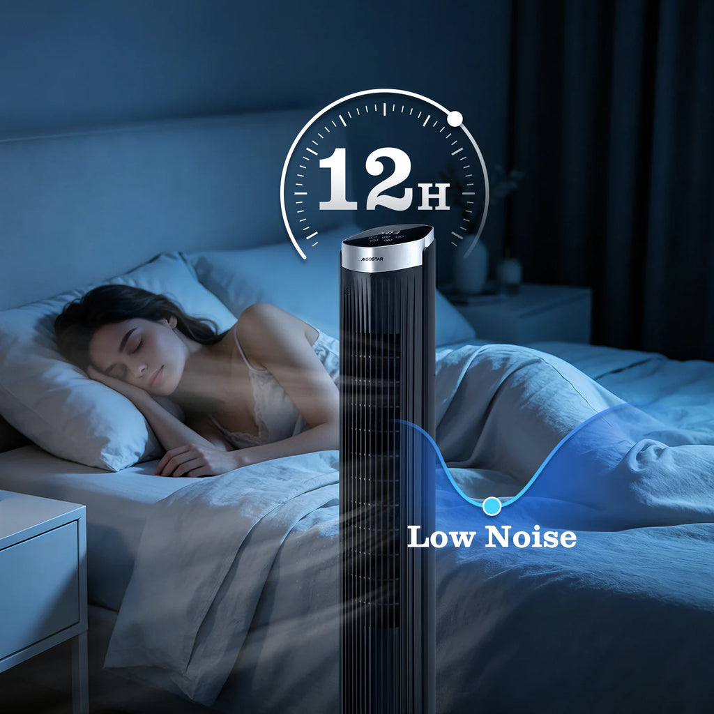 Aigostar Digitaler Turmventilator mit Fernbedienung/12-Stunden-Timer. 4 Modi und 3 einstellbare Geschwindigkeiten. 45W Leistung, 65° Oszillation, 93CM, für Zuhause und Büro, Schwarz