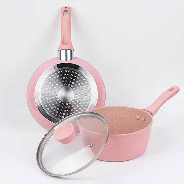 Home Kitchen Cookware Set, Nonstick Pots and Pans Set, Cute Egg Steak Pan, Skillet with Lid for All Cooktops, 3 Piece, Pink