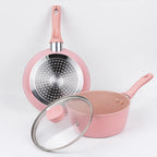 Set di pentole da cucina per la casa, set di pentole e padelle antiaderenti, padella per bistecche di uova carine, padella con coperchio per tutti i piani cottura, 3 pezzi, rosa