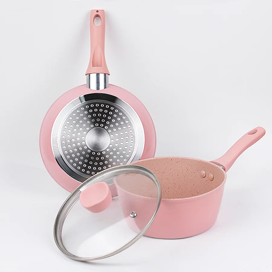 Set di pentole da cucina per la casa, set di pentole e padelle antiaderenti, padella per bistecche di uova carine, padella con coperchio per tutti i piani cottura, 3 pezzi, rosa