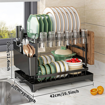2-Tier Dish Drying Rack Dish Drainer Household Plate Storage Carbon Steel Sink Kitchen Organizer with Cutlery Holder