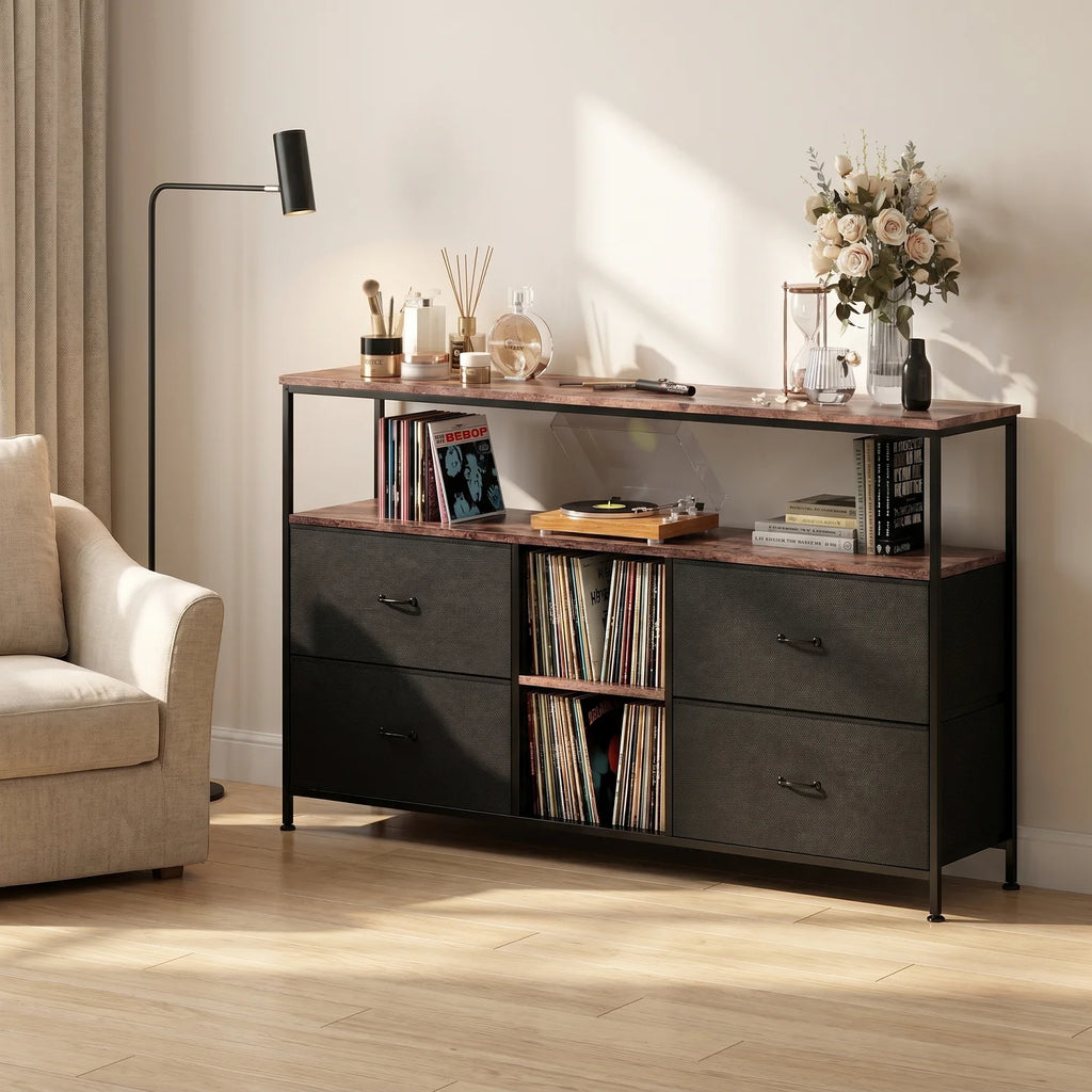 Anajqaqia Moderner TV-Ständer mit 4 Schubladen, Aufbewahrungsschrank mit LED-Beleuchtung, Metallrahmen, geeignet für Wohnzimmer und Schlafzimmer, 137 x 30 x 78 cm