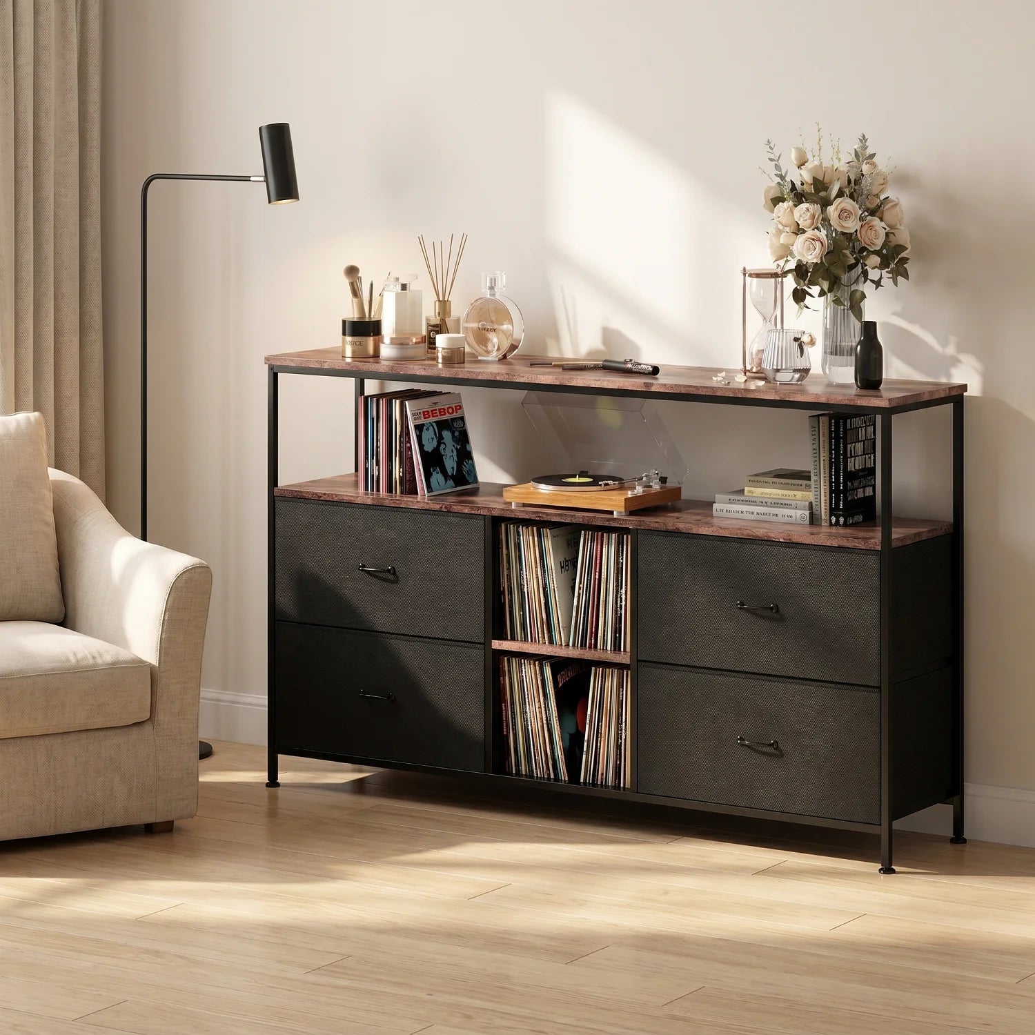 Anajqaqia Moderner TV-Ständer mit 4 Schubladen, Aufbewahrungsschrank mit LED-Beleuchtung, Metallrahmen, geeignet für Wohnzimmer und Schlafzimmer, 137 x 30 x 78 cm