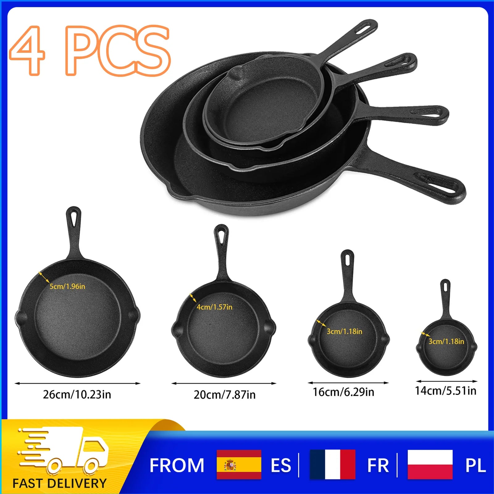 Set di 4 Padelle in Ghisa Pretrattata, 14-26cm, Antiaderenti, Riscaldamento Uniforme, Manici Ergonomici per Gas, Induzione, Falò, BBQ