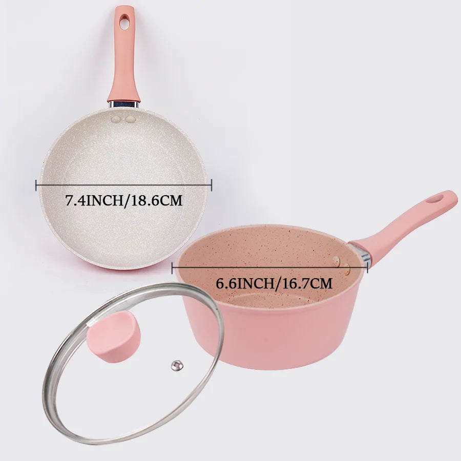 Set di pentole da cucina per la casa, set di pentole e padelle antiaderenti, padella per bistecche di uova carine, padella con coperchio per tutti i piani cottura, 3 pezzi, rosa