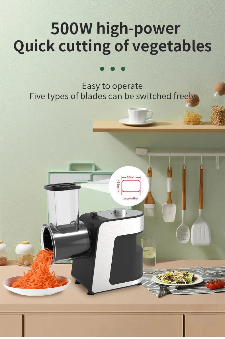 Elektrischer 5-in-1-Küchenhäcksler 500W – Edelstahl-Allesschneider, Zerkleinerer/Reibe für Käse, Karotten, Kartoffeln, 220V