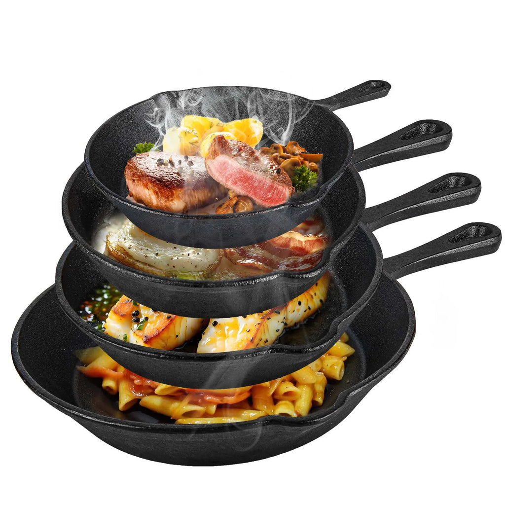 Set di 4 padelle in ghisa, 14/16/20/26 cm, pre-stagionate antiaderenti, ritenzione uniforme del calore, durevoli, non rivestite, per cottura a gas, induzione, falò, interni ed esterni