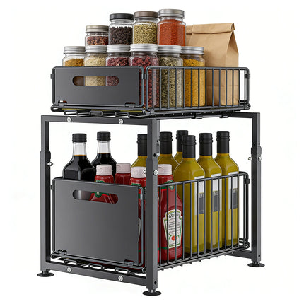 2-Tier Pull-Out Organizer, Height-Adjustable Under-Sink Shelf with Sliding Drawer for Kitchen and Bathroom Cabinets