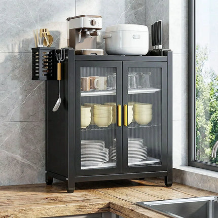 Sliding Door Kitchen Cabinet, 2/3 Tier Shelf for Spices, Utensils, and Dishes, Freestanding Space-Saving Organizer