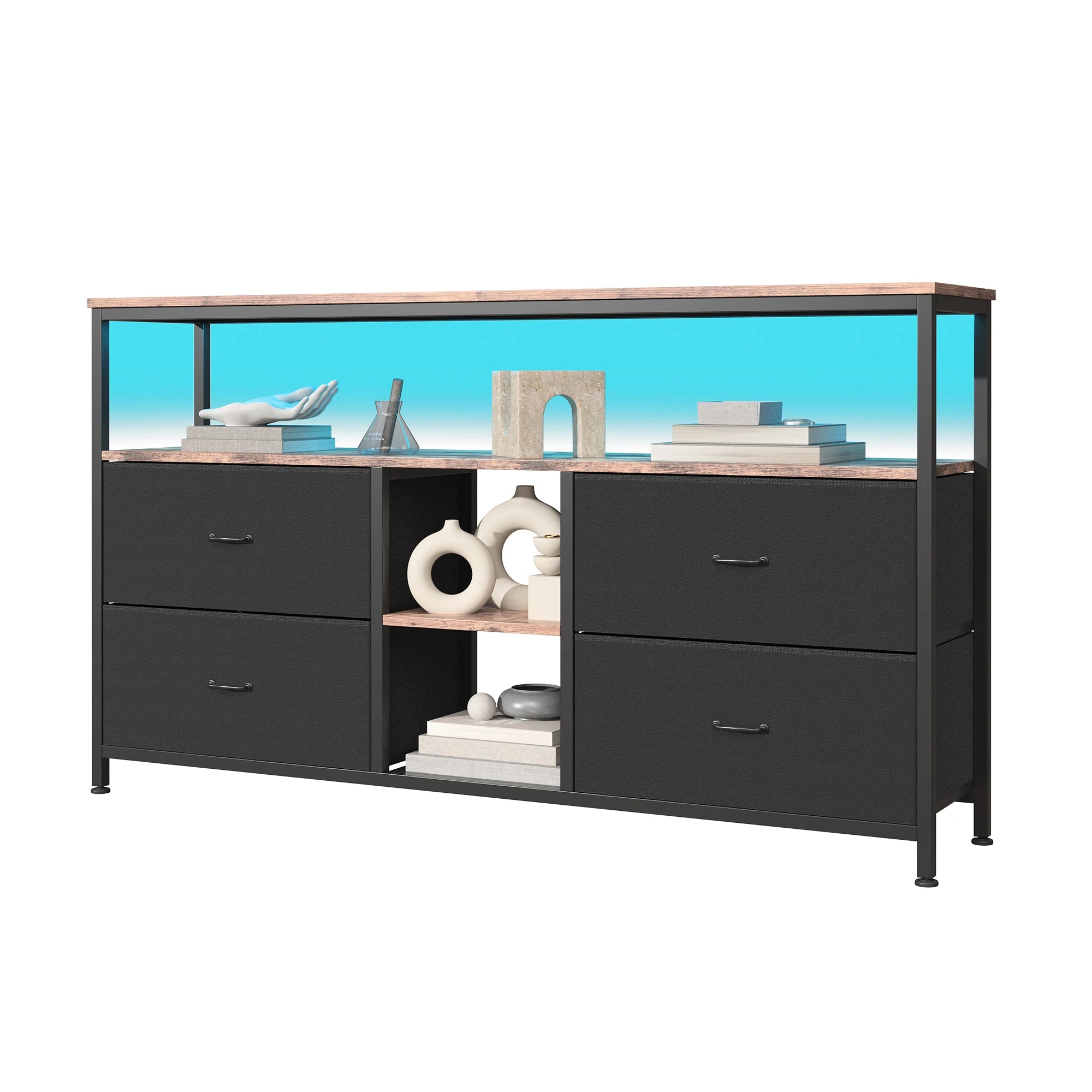 Anajqaqia Moderner TV-Ständer mit 4 Schubladen, Aufbewahrungsschrank mit LED-Beleuchtung, Metallrahmen, geeignet für Wohnzimmer und Schlafzimmer, 137 x 30 x 78 cm