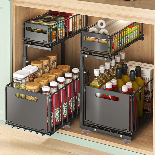 2-Tier Pull Out Cabinet Organizer, Adjustable Carbon Steel Sliding Storage for Kitchen Pantry Under Sink, Bathroom Shelves