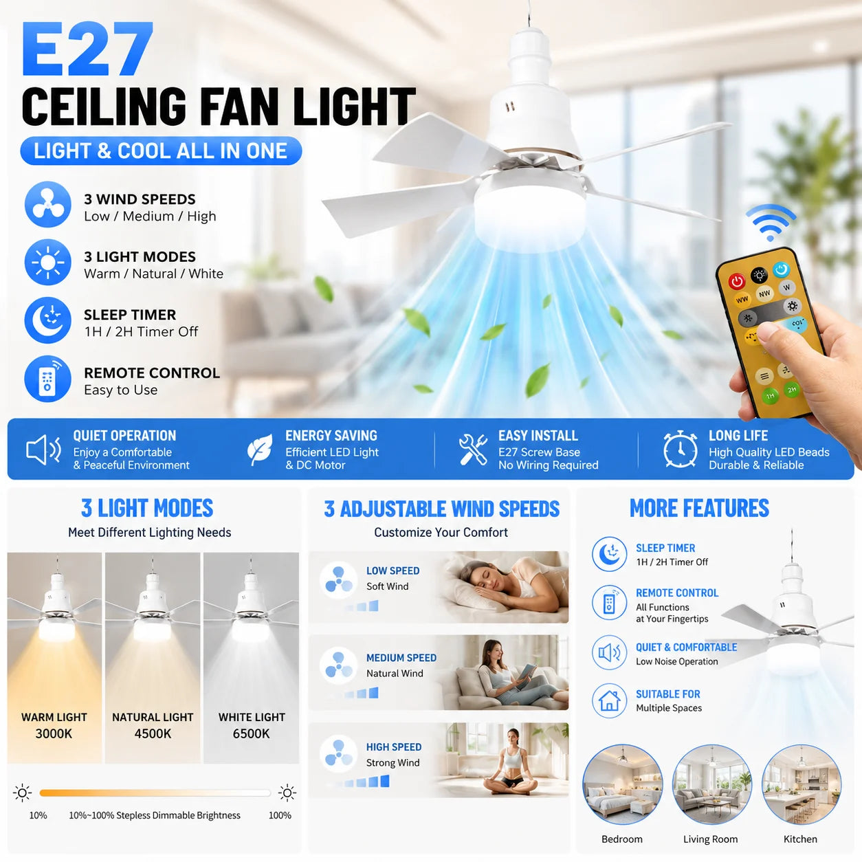 Ventilatore da soffitto a LED E27 con telecomando, ventilatore silenzioso a 3 velocità, 3 modalità di illuminazione a colori, timer di spegnimento, lampadina per ventilatore da soffitto con pale a forma di fiore, lampada co