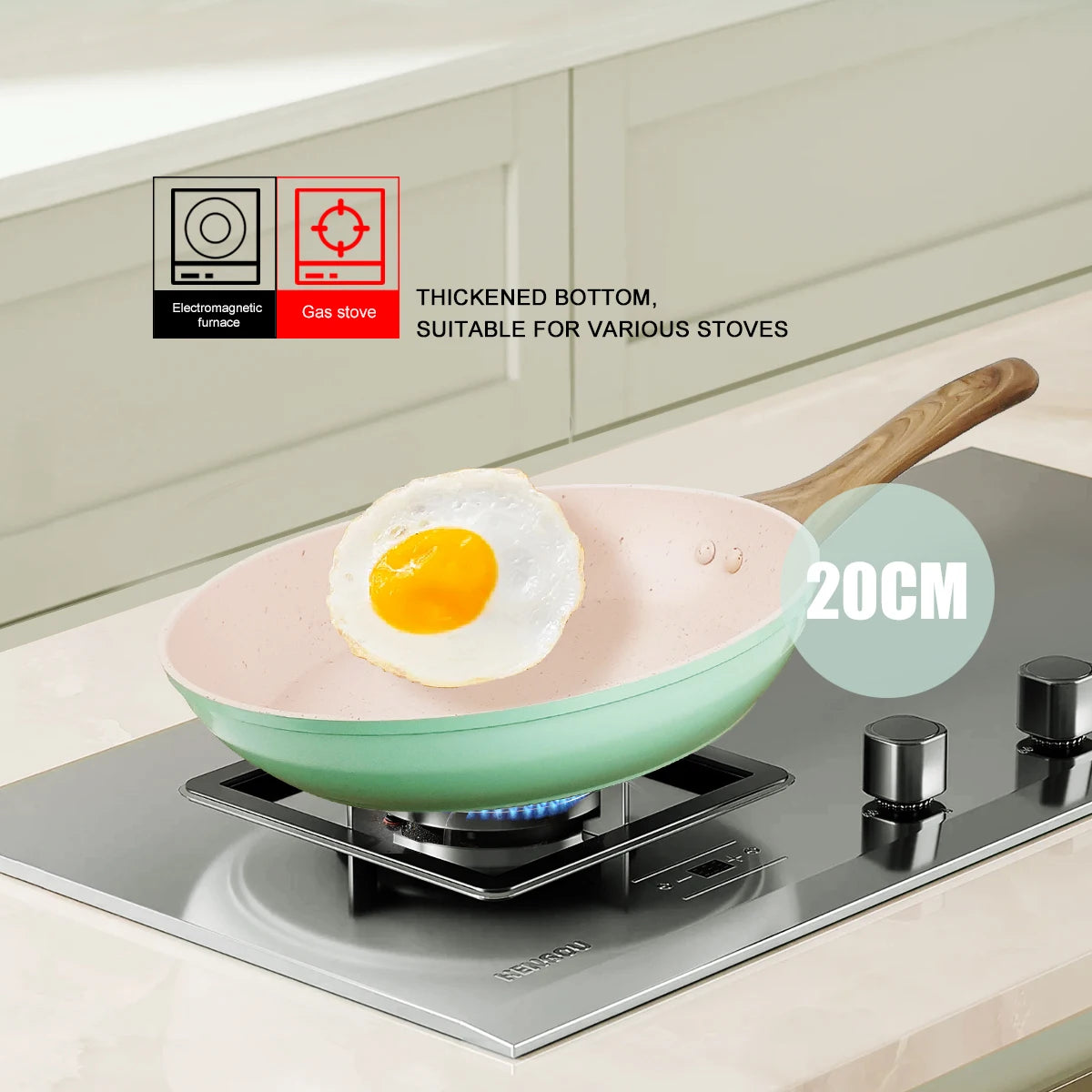 Padella colorata da 20/24/28 cm con manico in legno, padella antiaderente, padelle per frittata per pancake per tutti i fornelli, pentole da cucina per la casa