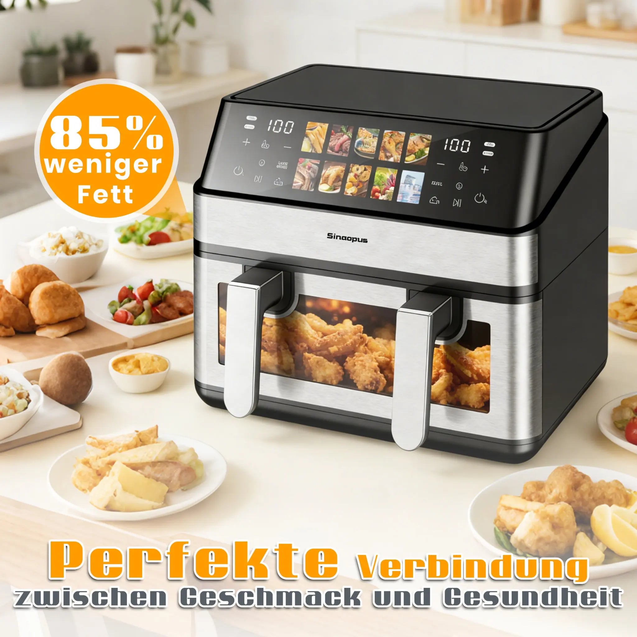 Friggitrice ad Aria da 8,5L 2000W con Doppio Cestello, Controllo Touch LED, Funzione Forno, 10 Programmi Preimpostati, Senza Olio, Salutare e Adatta alle Famiglie
