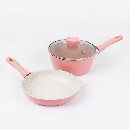 Home Kitchen Cookware Set, Nonstick Pots and Pans Set, Cute Egg Steak Pan, Skillet with Lid for All Cooktops, 3 Piece, Pink
