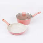 Set di pentole da cucina per la casa, set di pentole e padelle antiaderenti, padella per bistecche di uova carine, padella con coperchio per tutti i piani cottura, 3 pezzi, rosa