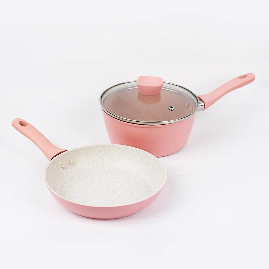 Set di pentole da cucina per la casa, set di pentole e padelle antiaderenti, padella per bistecche di uova carine, padella con coperchio per tutti i piani cottura, 3 pezzi, rosa