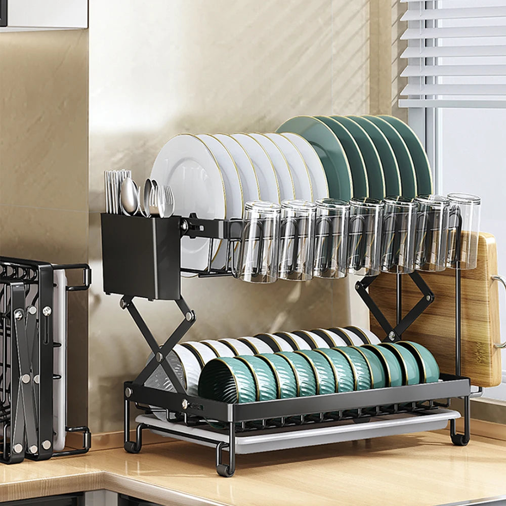 Scolapiatti Pieghevole a Due Livelli da Posizionare Sopra il Lavello, in Acciaio Inox con Porta Posate, Porta Bicchieri e Porta Taglieri, Organizzatore da Cucina