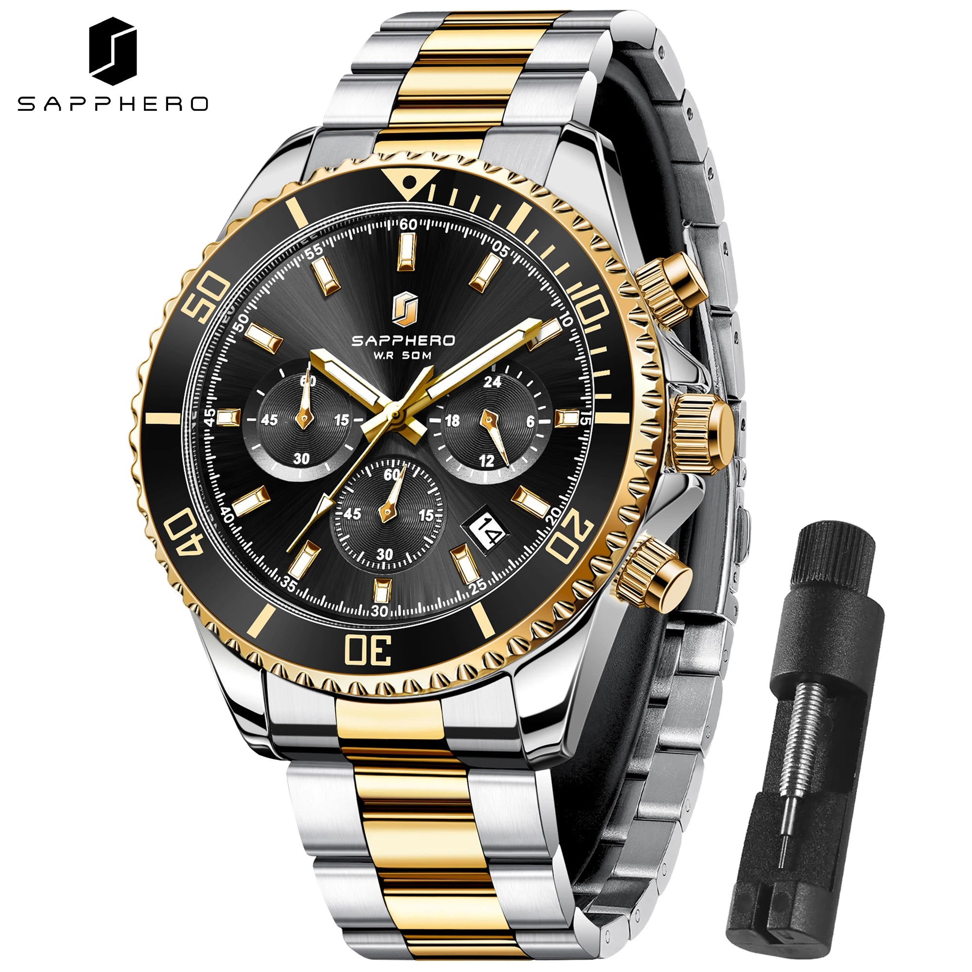 SAPPHERO Orologio da Polso Quarzo Uomo Acciaio Inossidabile Impermeabile 50M Cronografo