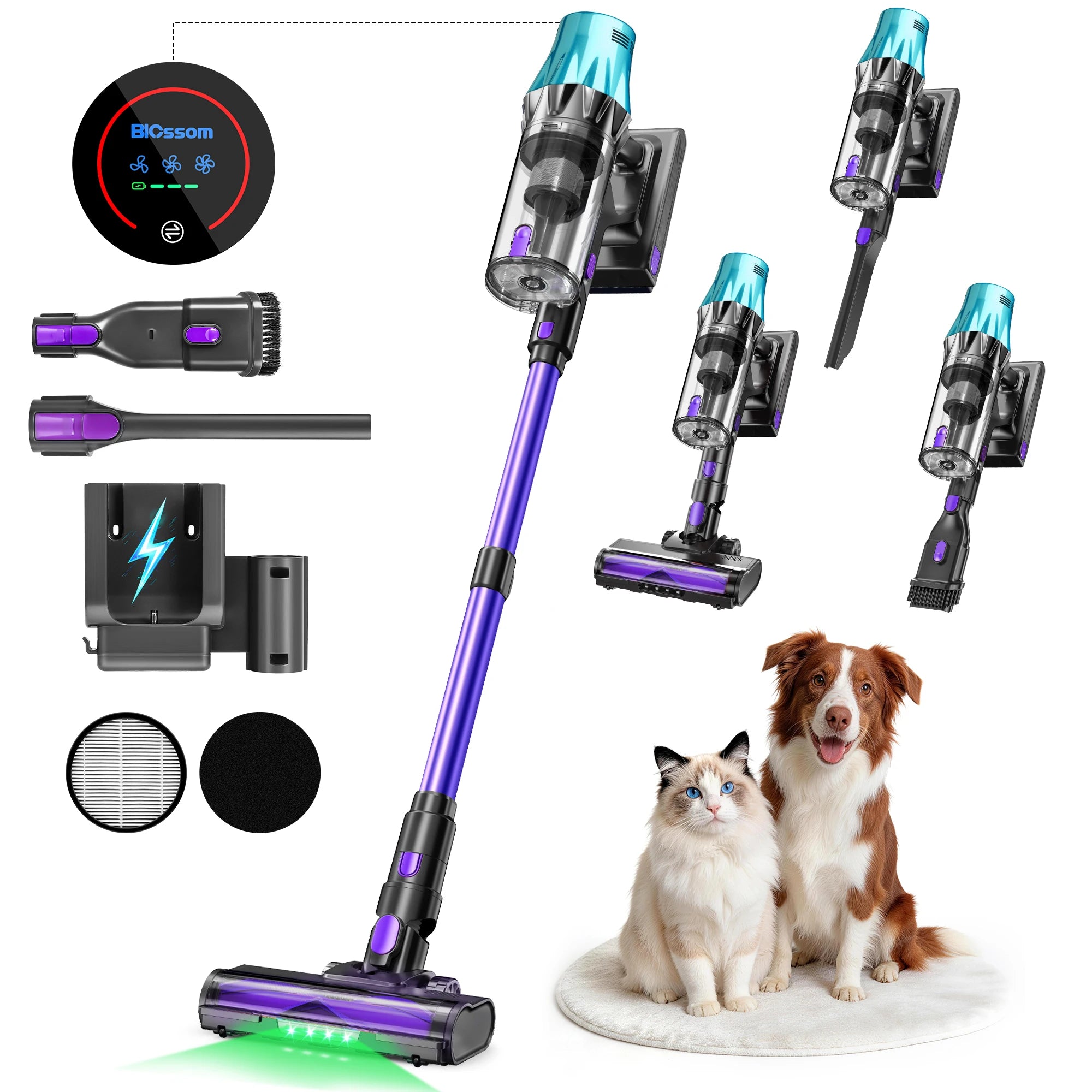 Blossom V20 Akku-Staubsauger, bürstenloser 600W Motor, 55KPA starke Saugkraft, 3-Gang-Einstellung, Voll-Touchscreen, 1,8L großer Staubbehälter, 8-Zellen-Akku, 60 Minuten Laufzeit, Bürste für