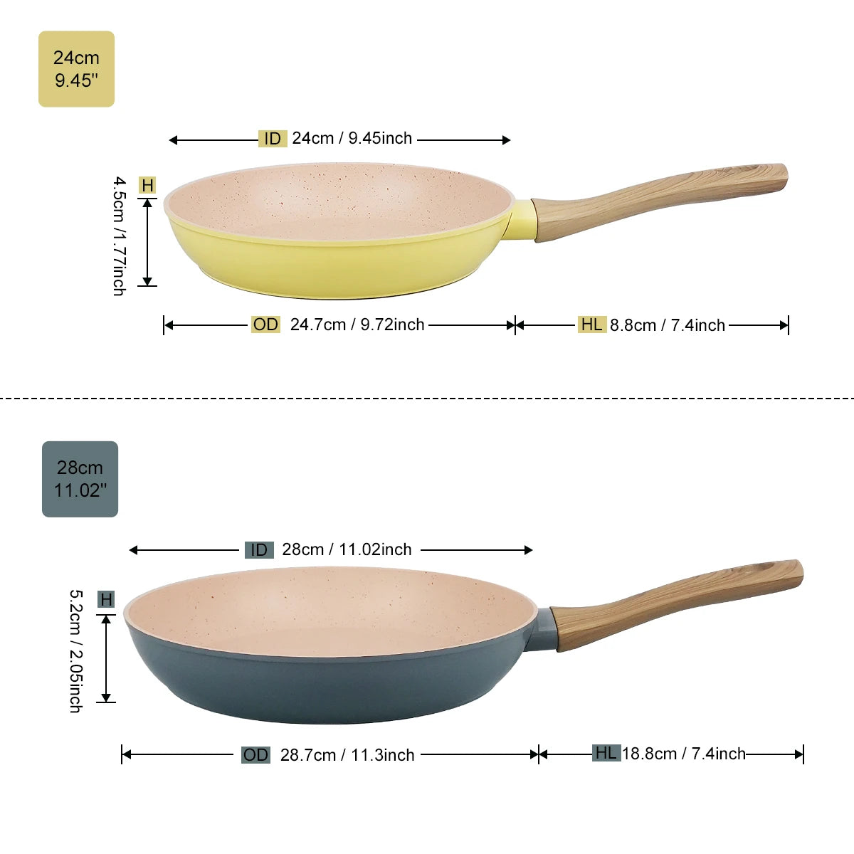 Set di padelle da 2 pezzi, padelle in granito da 9,7 + 11,3 pollici, wok antiaderente con manico in legno, compatibile con tutti i piani cottura.