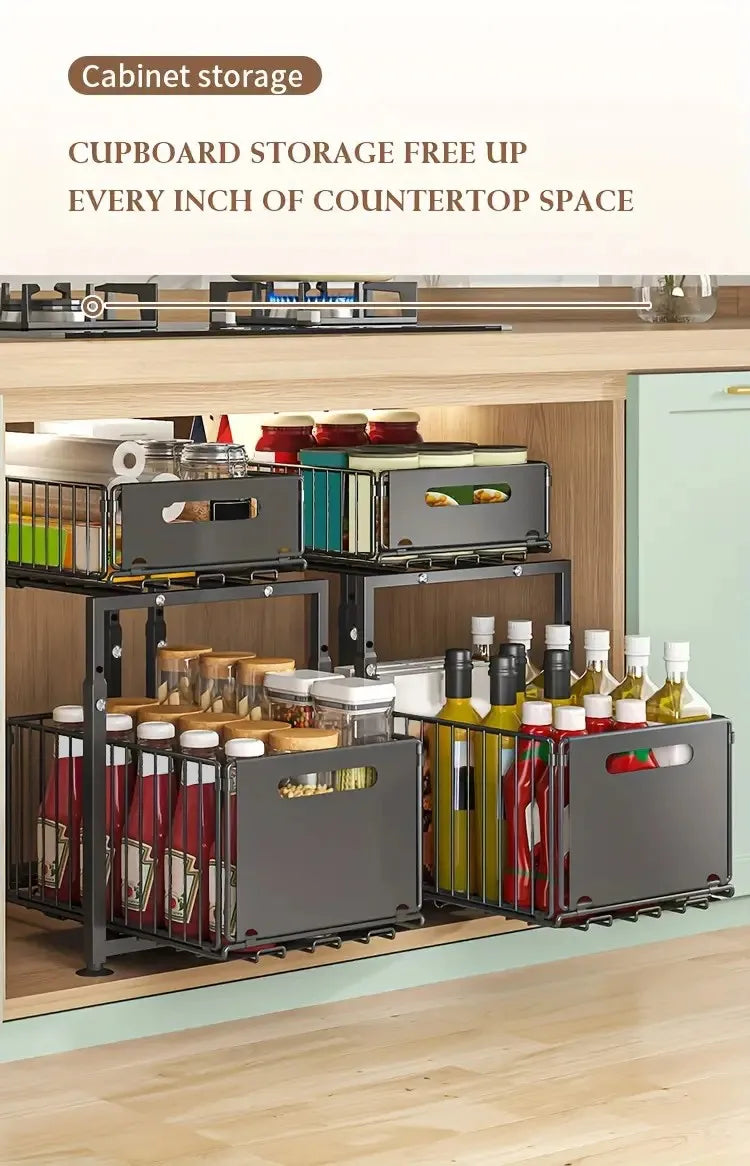Höhenverstellbares Küchenregal mit 2-stufigem ausziehbarem Schubladenschrank unter der Spüle, Gewürzglasregal