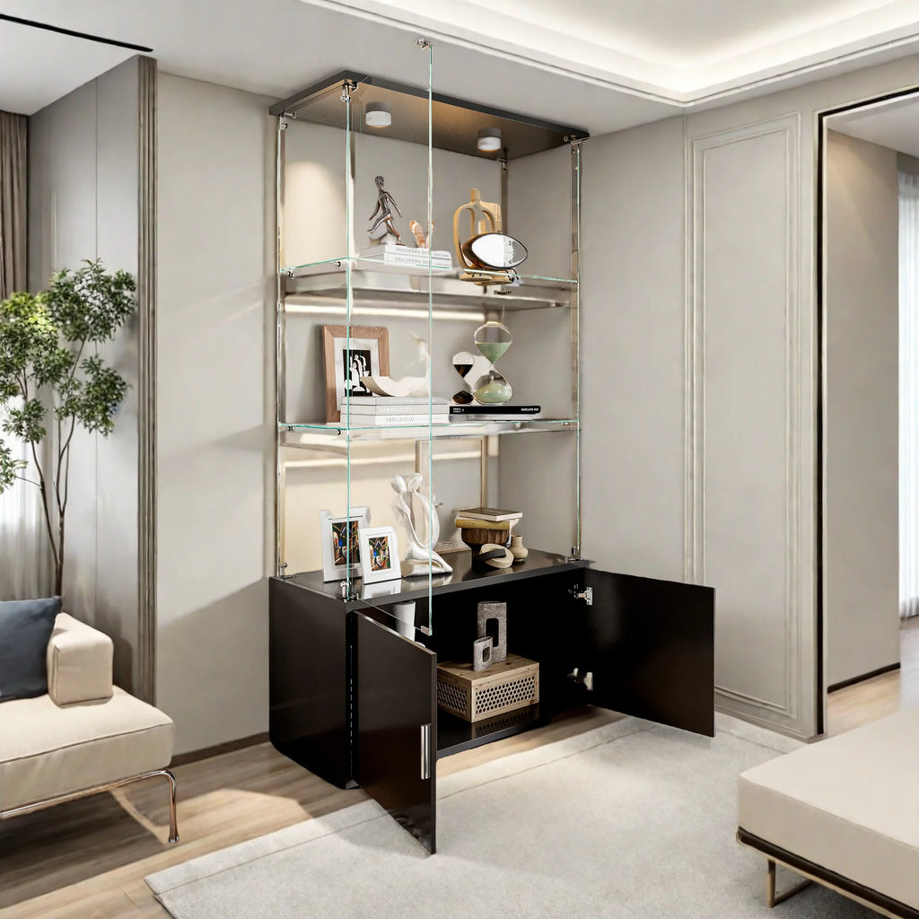 Drei-Etagen-Glasvitrine, Sammlerschrank mit LED-Beleuchtung, Display-Vitrine, Aufbewahrungsschrank und Organizer, geeignet für Wohnzimmer, Schlafzimmer und Büros; Schwarz