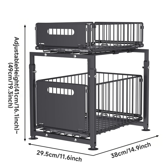 2-Tier Pull Out Organizer, Height Adjustable Under Sink Shelf with Sliding Drawer for Kitchen and Bathroom Cabinets
