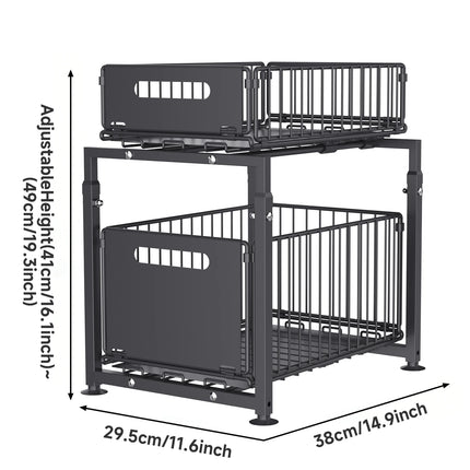 2-Tier Pull-Out Organizer, Height-Adjustable Under-Sink Shelf with Sliding Drawer for Kitchen and Bathroom Cabinets