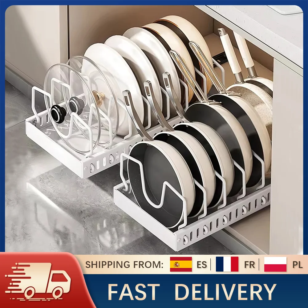 Organizzatore per Pentole e Padelle, Porta Coperchi Scorrevole, Porta Spezie da Cucina, Organizzatore per Stoviglie, Scolapiatti Multifunzionale Estraibile