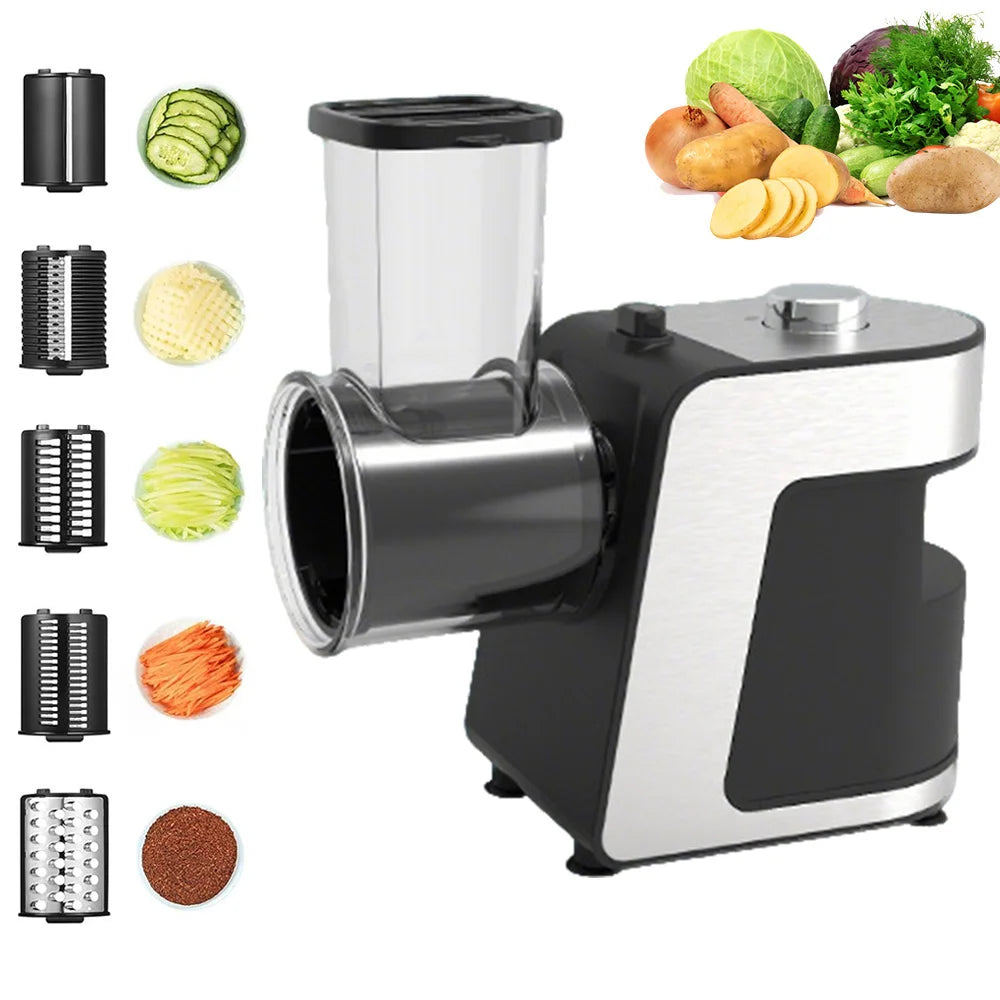 Elektrischer 5-in-1-Küchenhäcksler 500W – Edelstahl-Allesschneider, Zerkleinerer/Reibe für Käse, Karotten, Kartoffeln, 220V