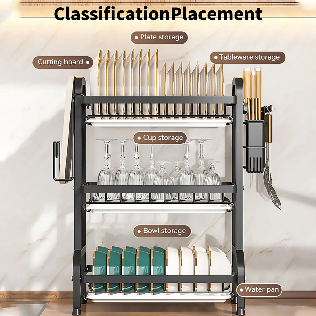 Stendino per piatti Scolapiatti a 3 livelli Scolapiatti Scaffale per piatti antiruggine di grande capacità con portautensili Organizzatore da cucina