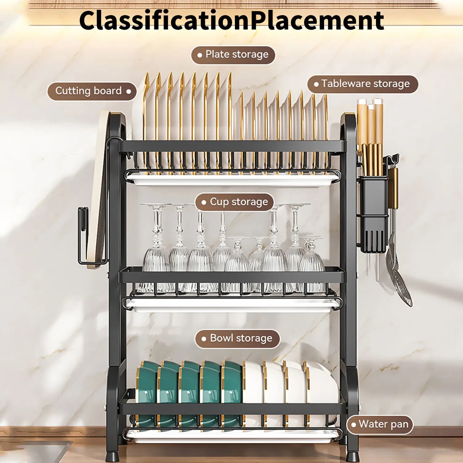 Stendino per piatti Scolapiatti a 3 livelli Scolapiatti Scaffale per piatti antiruggine di grande capacità con portautensili Organizzatore da cucina